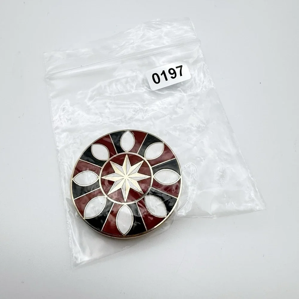 Vintage Enamel Geometric Starburst Brooch Red Black White Round 1.75